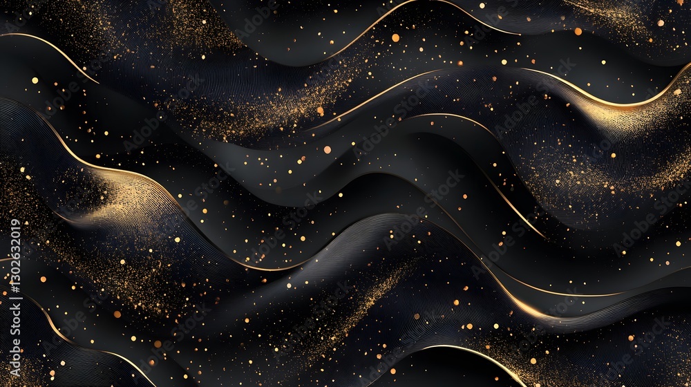 Poster wavy black and gold abstract background with sparkling particles and lines
