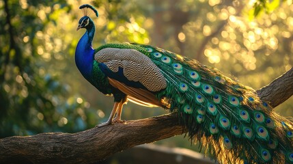 Obraz premium Majestic peacock perched on a branch, showcasing vibrant plumage in sunlight.