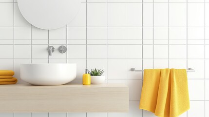 Minimalist bathroom with white tiles and yellow accents