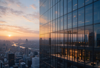 Sunset over the skyscrapers in the heart of the city reflecting on glass buildings