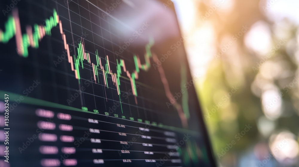 Poster candlestick graph on computer screen with blurred outdoor background