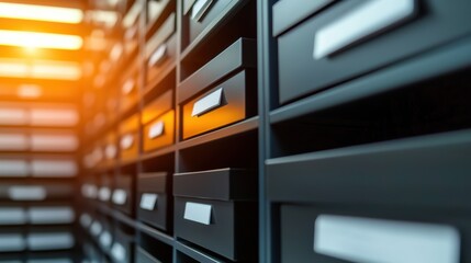 Obraz premium Sunlit filing cabinet drawers in office setting