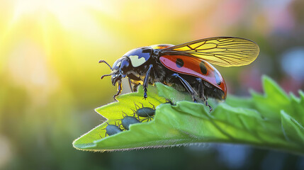 Naklejka premium A vibrant ladybug prepares to take off after enjoying a meal of aphids, basking in the warm, glowing light of the sunset over a lush garden setting, showcasing nature's beauty and balance