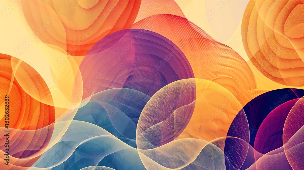 Poster abstract pattern of overlapping colorful circles and wavy lines.