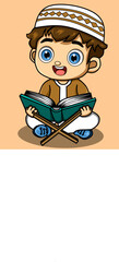 Muslim kid boy reading qur'an with smiling face 