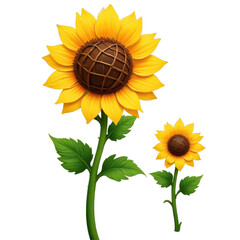 Two sunflowers with brown center and yellow petals, transparent background