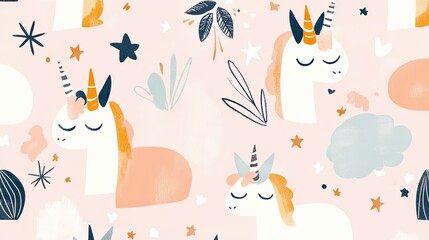 Whimsical Unicorn Pattern with Stars and Leaves on Soft Pink Background