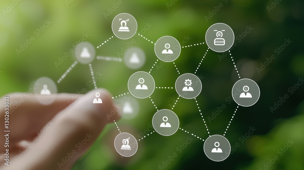 Aufkleber hand interacting with digital network interface on a green background