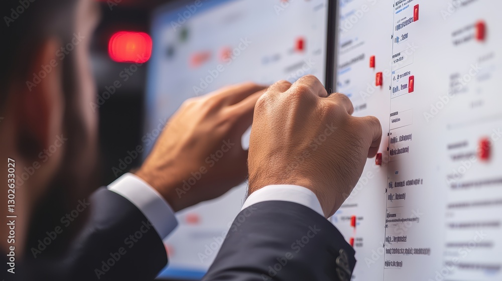 Poster businessman analyzing data on touchscreen display in office environment