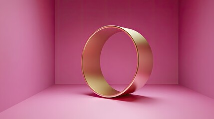 Geometric Gold Circle in Minimalist Pink Room with Soft Lighting