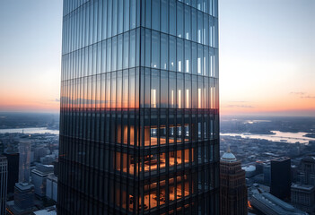 Sunset over skyscrapers with reflections in the city skyline
