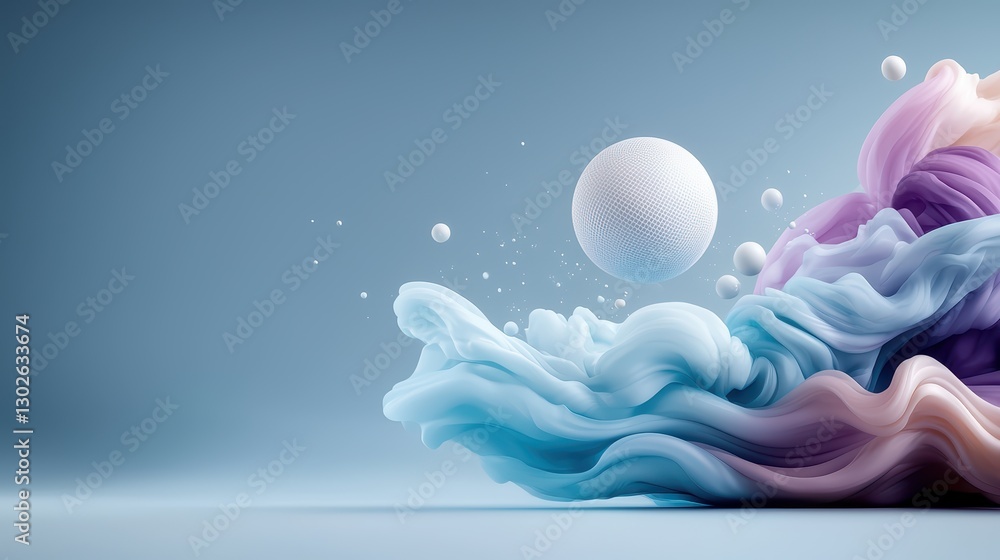 Poster abstract composition with floating sphere and flowing colorful shapes on blue background