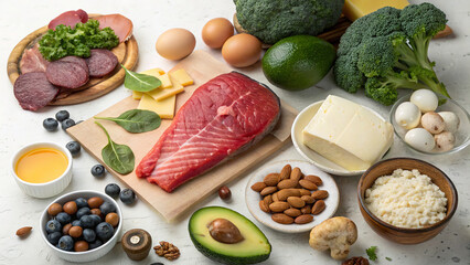 Atkins Diet: A variety of meats, fish, eggs, cheese, butter, olive oil, avocados, nuts, seeds, herbs, leafy greens like spinach, broccoli, cauliflower, courgettes, mushrooms, coconut oil, heavy cream,