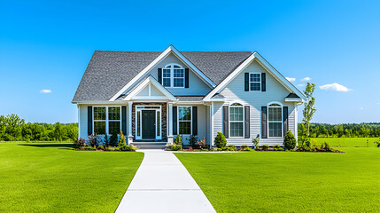 White and Gray Suburban House with Green Lawn and Walkway