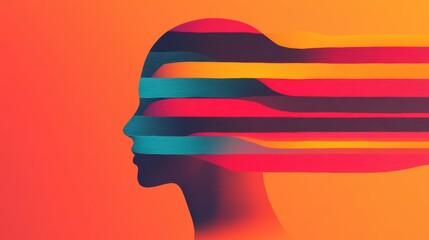 Vibrant abstract silhouette with dynamic colorful stripes on orange background