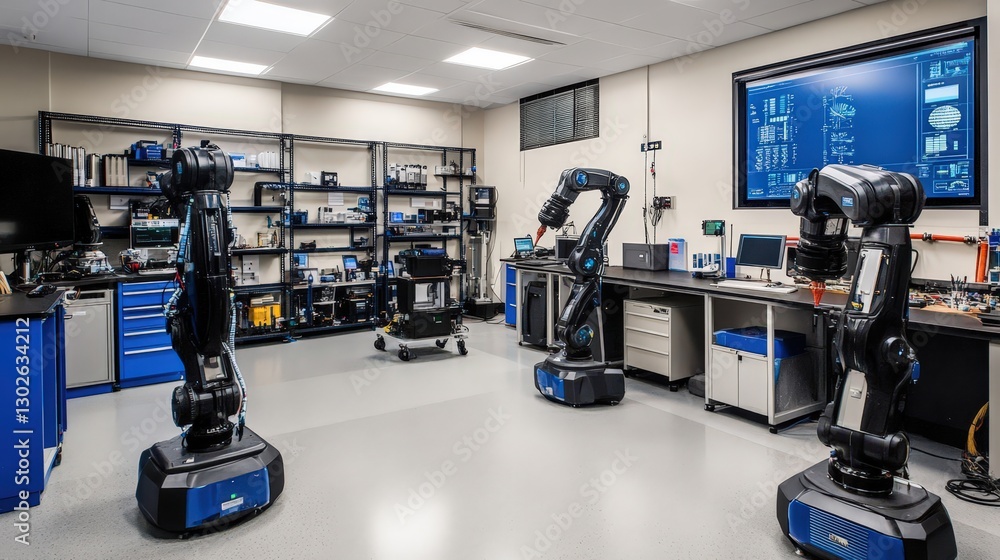 Poster an industrial automation lab where engineers develop advanced robotics for use in heavy industry app