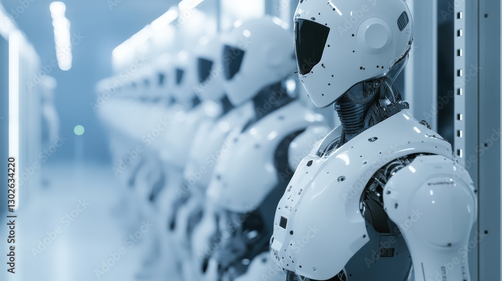 Poster an industrial automation lab where engineers develop advanced robotics for use in heavy industry app