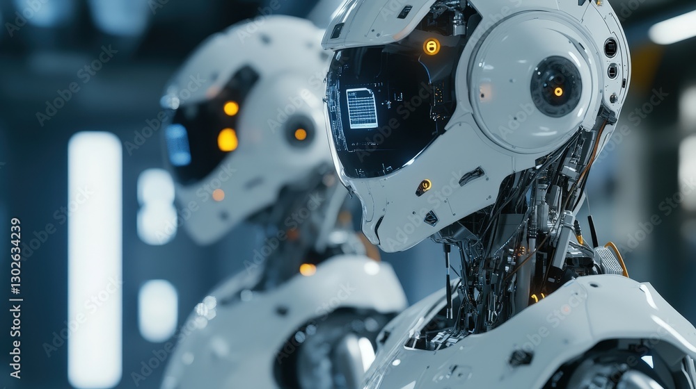 Poster an industrial automation lab where engineers develop advanced robotics for use in heavy industry app