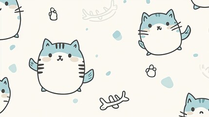 Cute Cat Characters with Blue Accents on a Soft Creamy Background