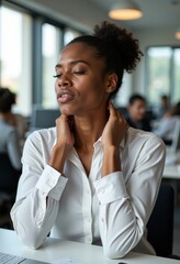 Obraz premium Finding Relief at Work: African-American Woman in White Shirt Rubbing Her Neck, Trying to Alleviate Pain in a Hectic Office