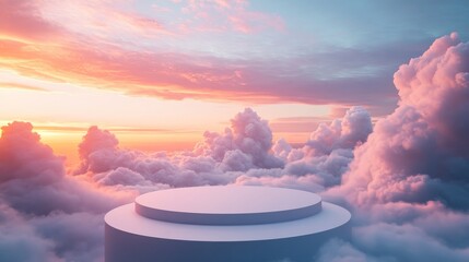 Empty podium standing against a backdrop of soft, layered clouds at dawn, with gentle light spilling across the scene