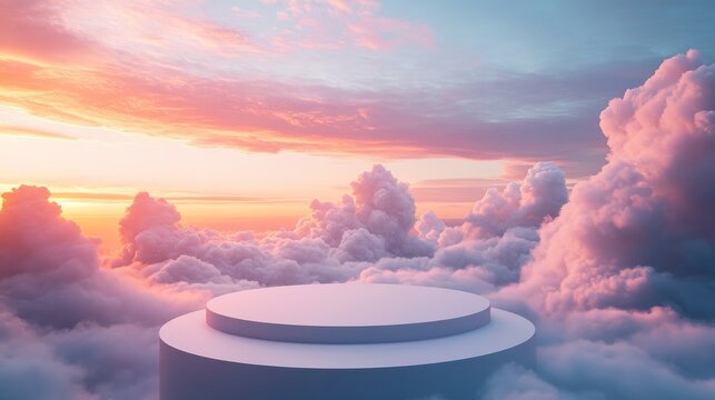 Empty podium standing against a backdrop of soft, layered clouds at dawn, with gentle light spilling across the scene