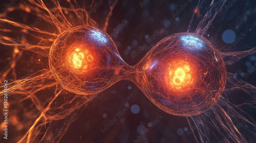 Poster quantum entanglement, with two particles glowing identically despite being separated by vast distanc
