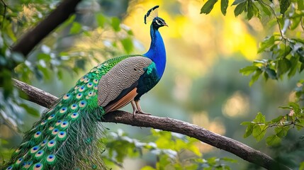Obraz premium Majestic peacock perched on a tree branch. (10)