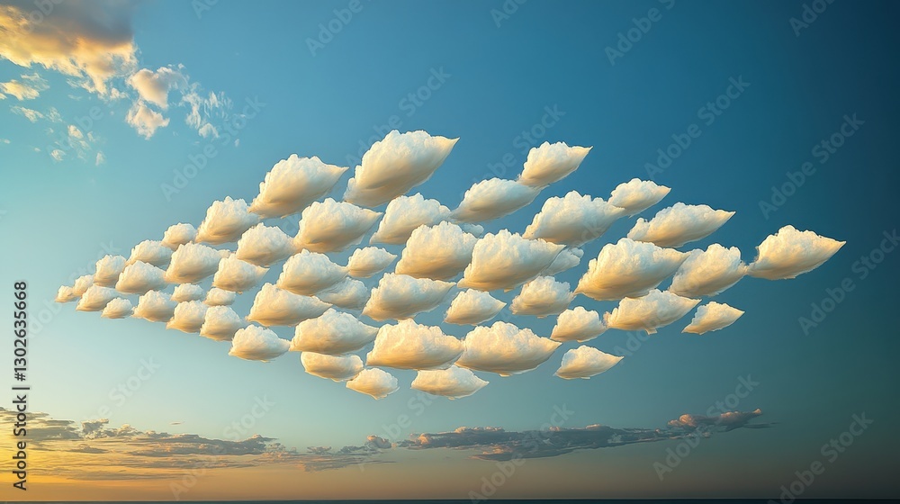 Poster clouds resembling the scales of a fish, stacked neatly one upon another and spreading across the sky