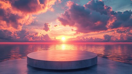 Empty podium standing against a dynamic sky, with swirling clouds and contrasting colors from the setting sun
