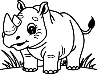 Obraz premium Cute rhinoceros illustration black and white line art with grass adorable animal design for coloring
