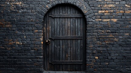 Dark wooden door in arched brick wall.