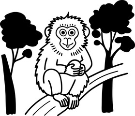 Obraz premium monkey perched on branch black and white illustration, holding fruit, surrounded by trees