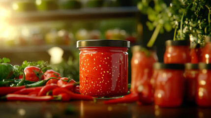 jar of vibrant red chili sauce is surrounded by fresh chili peppers and herbs, creating lively and appetizing scene in kitchen setting. sunlight enhances rich colors and textures