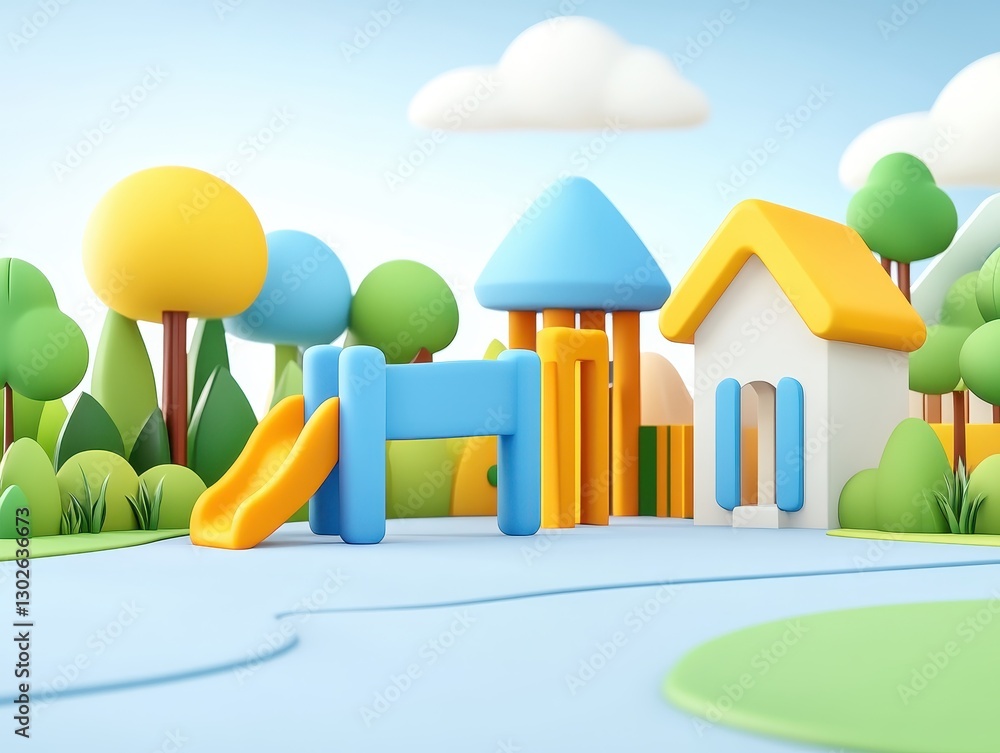 Poster colorful playground with slides and a house surrounded by trees and clouds
