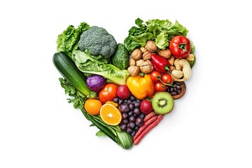 A vibrant arrangement of various fruits and vegetables shaped like a heart, symbolizing health and nourishment.