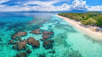 A panoramic shot of the Great Barrier Reef, with vibrant corals and diverse marine life in the background.
