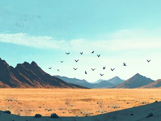 Stunning mountain view with flying birds.