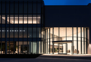 Modern office building at night with glass windows and interior lights in a city setting