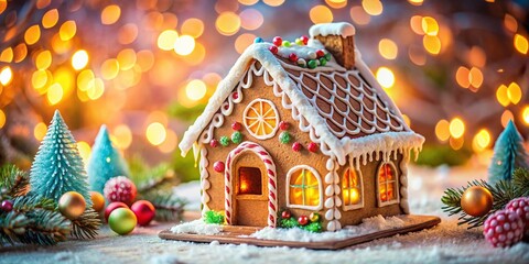 Festive Gingerbread House on Pastel Background - Holiday Decor Stock Photo