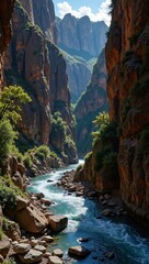 Obraz premium Stunning canyon river junction showcases breathtaking cliffs and lush greenery along vibrant waterway. Concept emphasizes tranquility found in nature's untouched beauty