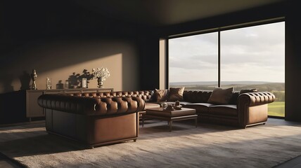 Fototapeta premium Dark home living room interior with leather sofa and armchairs with sideboard, carpet on grey concrete floor. Shelf with decoration with panoramic window on countryside. 3D rendering