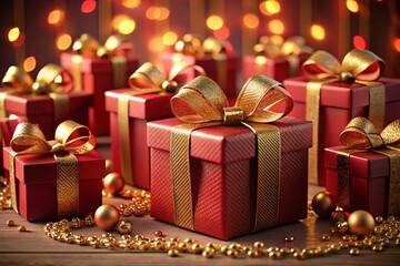 Festive Red Gift Boxes with Golden Bows on Red Background - 3D Render Stock Photo