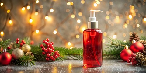 Festive Red Hand Sanitizer Bottle with Holiday Decorations - Stock Photo