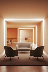 Interior of modern office waiting room with white walls, concrete floor, cozy gray couch and two armchairs standing on carpet and open space area with desks and cabinet in background. 3d rendering