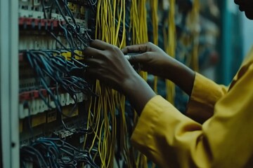 Focused technician adjusting wires in an electrical panel with yellow cables