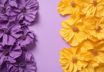 Obraz premium Purple and yellow flowers on a pastel pink background