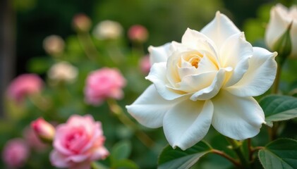 Obraz premium Large white flowers blooming in a garden with pale pink roses, pink, flower