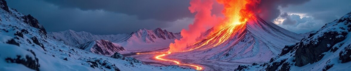 Fototapeta premium Lava and ash from volcanic eruption spread across snowy terrain, fiery, burning, mountains