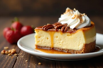 Pecan topped cheesecake with golden caramel filling and whipped cream garnish, cheesecake, sweet treat
